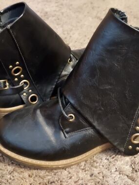 Marc Fisher Black Faux Leather Fold-Over Grommet Ankle Boots